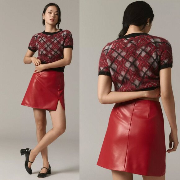 Anthropologie Maeve Faux-Leather Side-Slit Micro Mini skirt 14 red color nwt - Picture 1 of 5